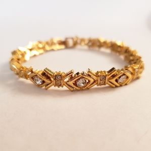 Vintage Gold Tone Cocktail Bracelet With Clear Rhinestones